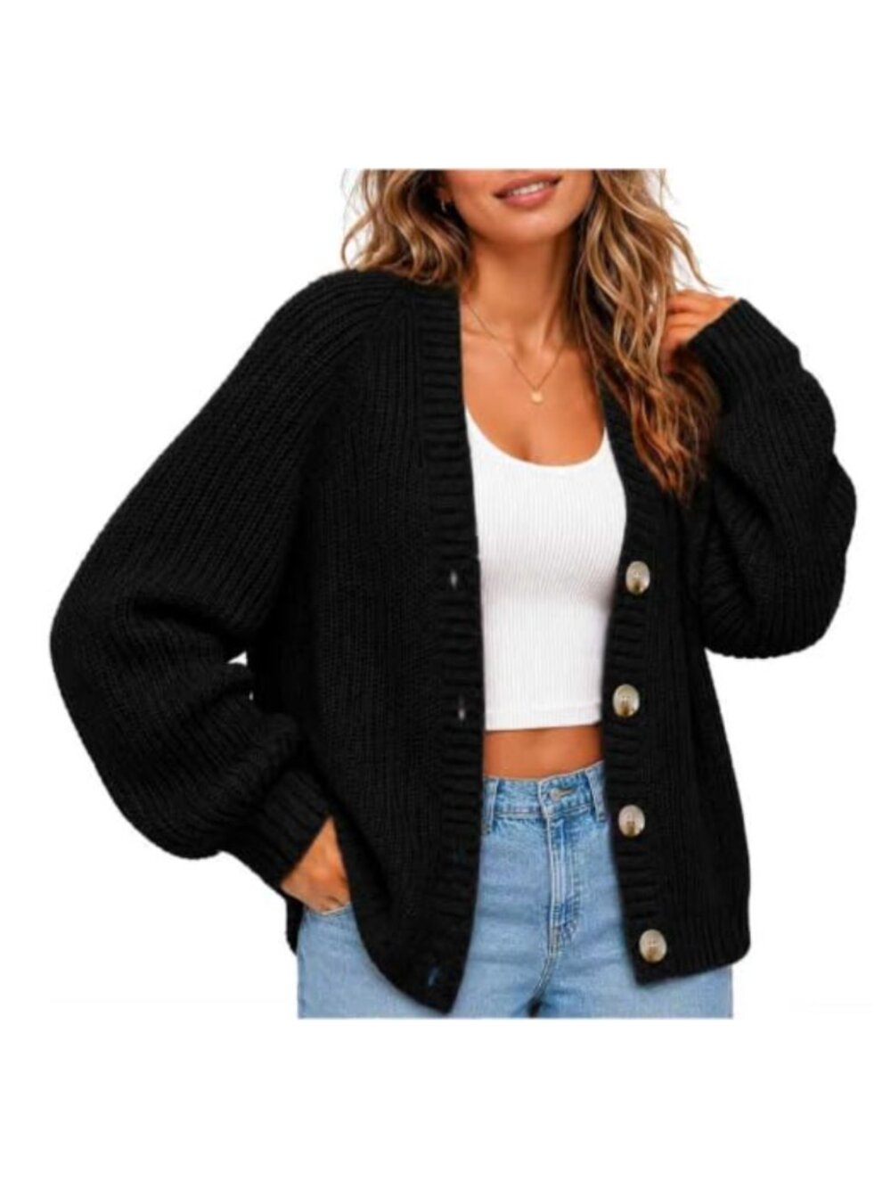Chunky Cable Knit Cardigan V-Neck Button Front Long Sleeve Loose Fit Women